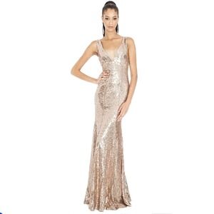 Goddiva London Rose Gold Sequin Plunge Neck Formal Evening Gown Size 4‎ (8UK)